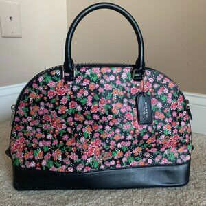 COACH Sierra Posey Cluster Floral Coated Canvas Satchel Bag Black/Pink #F57622